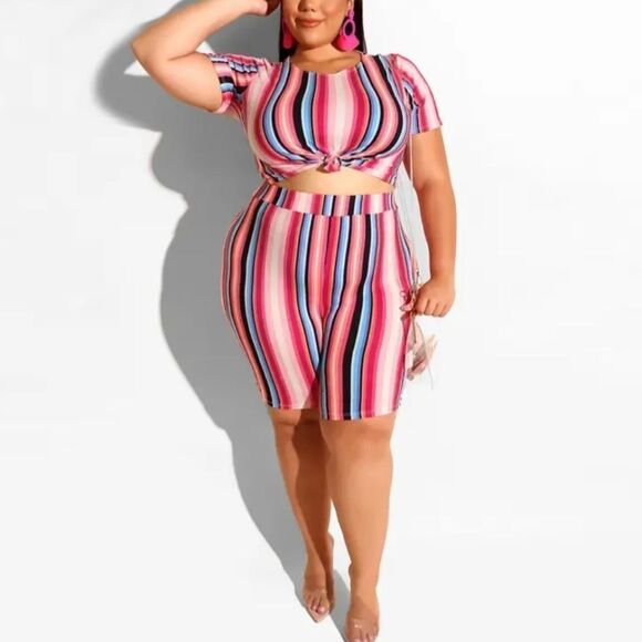 Plus Size Striped Short Sleeve Top & Biker Short Set sz 4X - Picture 2 of 4